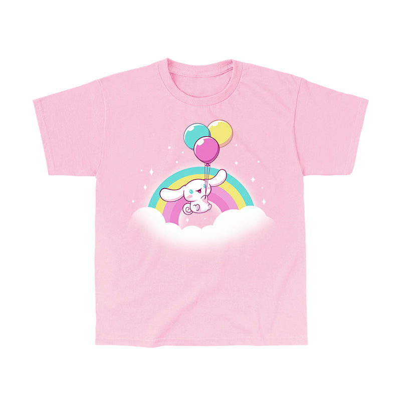 Classic Cotton T-shirt_TeeTurtle light pink Cinnamoroll Takes Flight apparel featuring Cinnamoroll floating in the clouds with a teal, yellow, and pink rainbow in the background, and holding onto balloons in the same colors as the rainbow.
