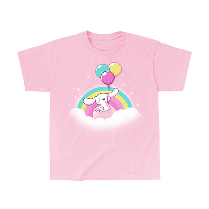 Classic Cotton T-shirt_TeeTurtle light pink Cinnamoroll Takes Flight apparel featuring Cinnamoroll floating in the clouds with a teal, yellow, and pink rainbow in the background, and holding onto balloons in the same colors as the rainbow.