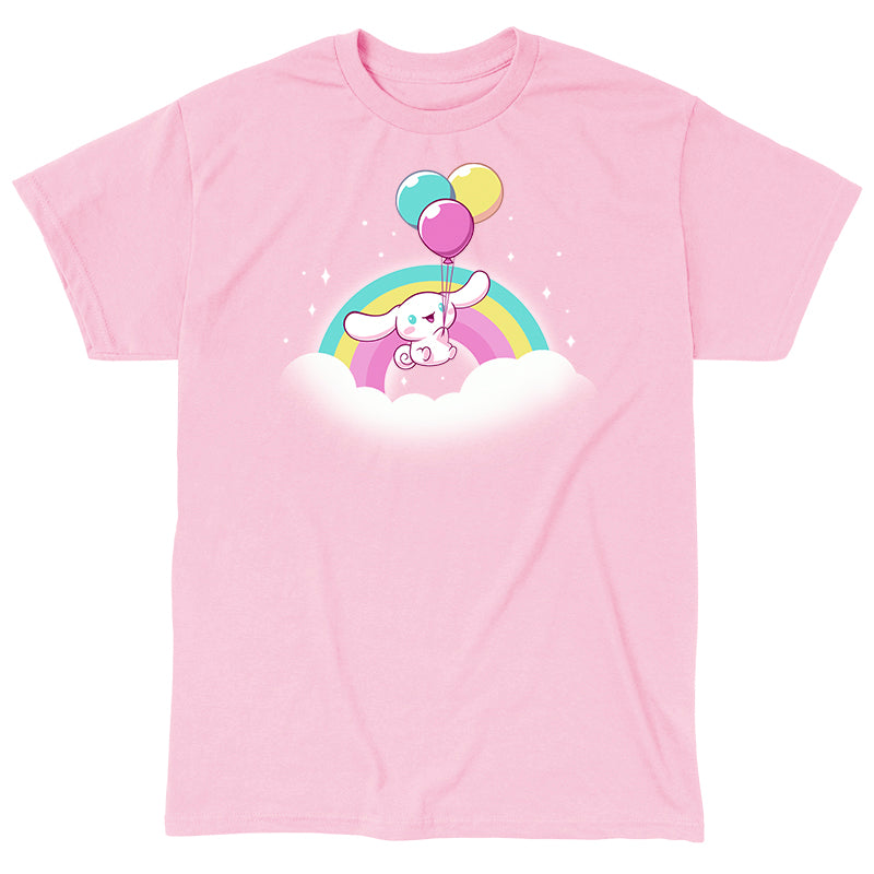 Classic Cotton T-shirt_TeeTurtle light pink Cinnamoroll Takes Flight apparel featuring Cinnamoroll floating in the clouds with a teal, yellow, and pink rainbow in the background, and holding onto balloons in the same colors as the rainbow.