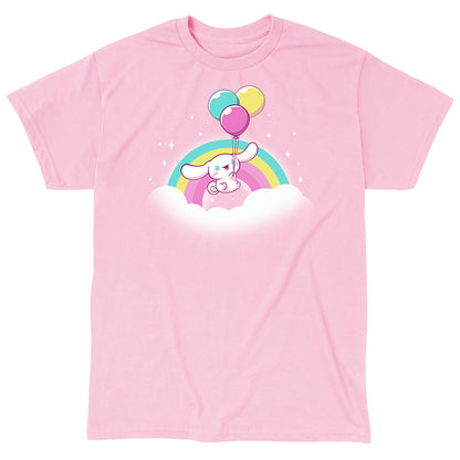 Classic Cotton T-shirt_TeeTurtle light pink Cinnamoroll Takes Flight apparel featuring Cinnamoroll floating in the clouds with a teal, yellow, and pink rainbow in the background, and holding onto balloons in the same colors as the rainbow.