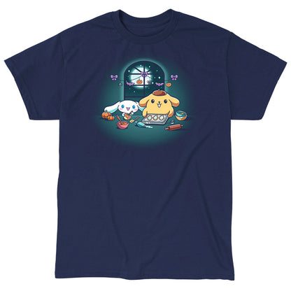 Classic Cotton T-shirt_TeeTurtle navy blue Cinnamoroll and Pompompurin's Halloween Baking apparel featuring Cinnamoroll and Pompompurin baking ghost cookies with pumpkins and Halloween hanging decoration in the back on top of the window that looks out to the full moon and stars.