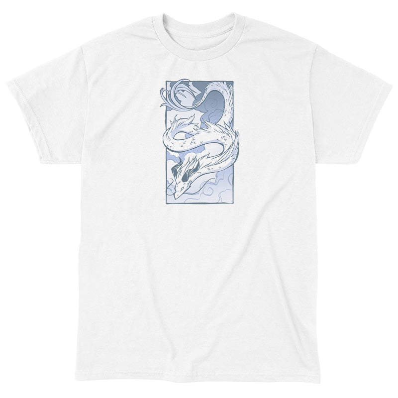 Classic Cotton T-shirt_TeeTurtle Cloud Dragon white t-shirt featuring a long, serpentine dragon with horns, coiled in the air against a cloudy sky background, drawn in monochromatic blue tones. 