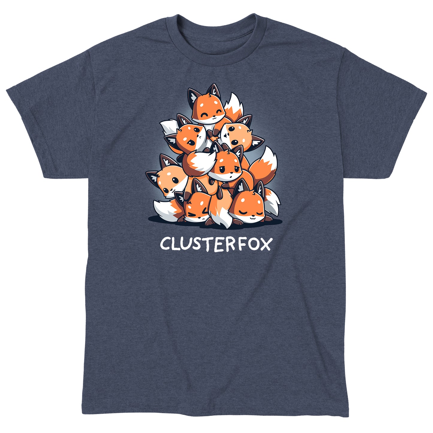 Classic Cotton T-shirt_TeeTurtle Clusterfox heather navy blue t-shirt featuring a group of foxes huddled together in a pyramid shape.
