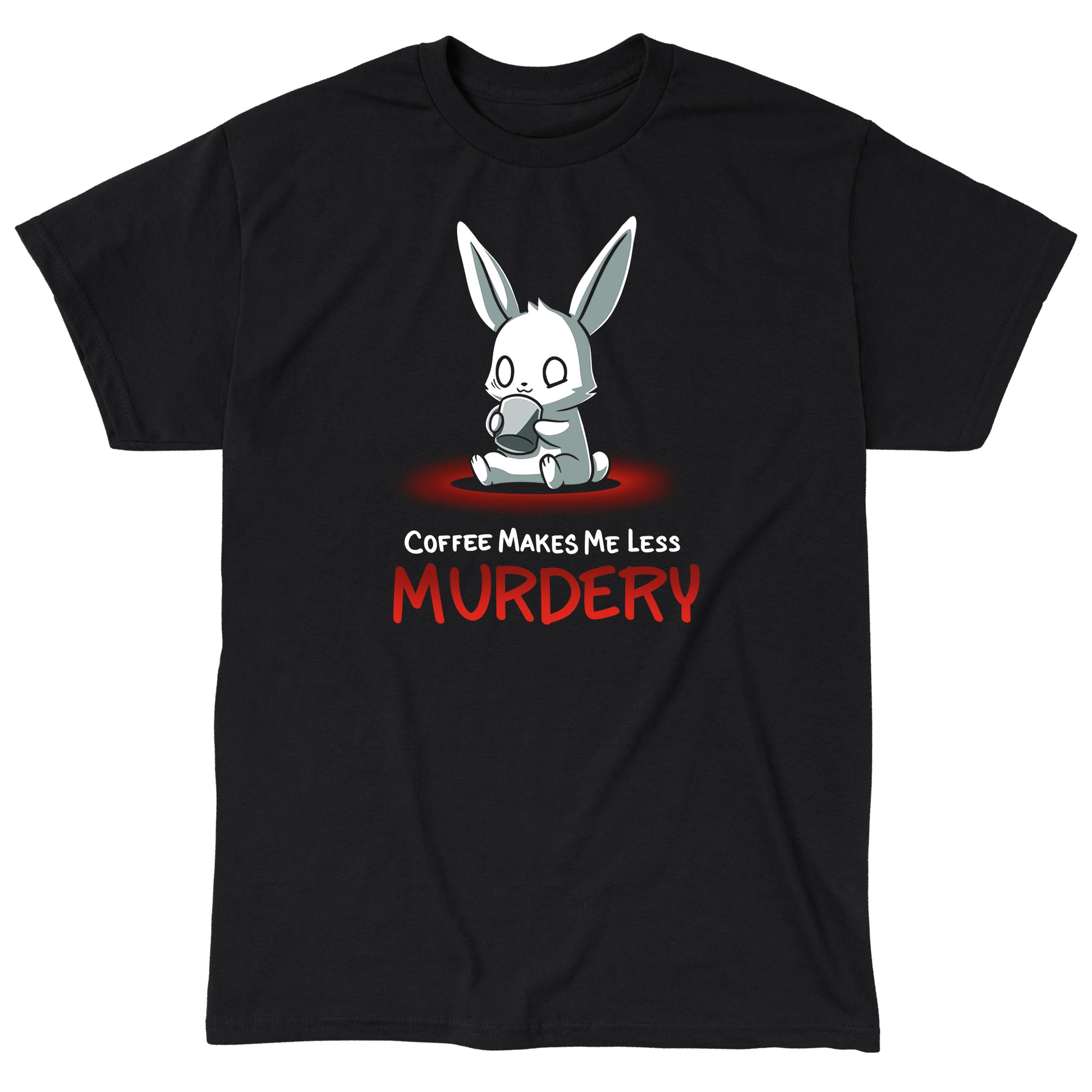 Classic Cotton T-shirt_Cute cartoon bunny holding a coffee cup with the text "Coffee Makes Me Less Murdery" below it on a monsterdigital Coffee Makes Me Less Murdery coffee apparel against a black background.