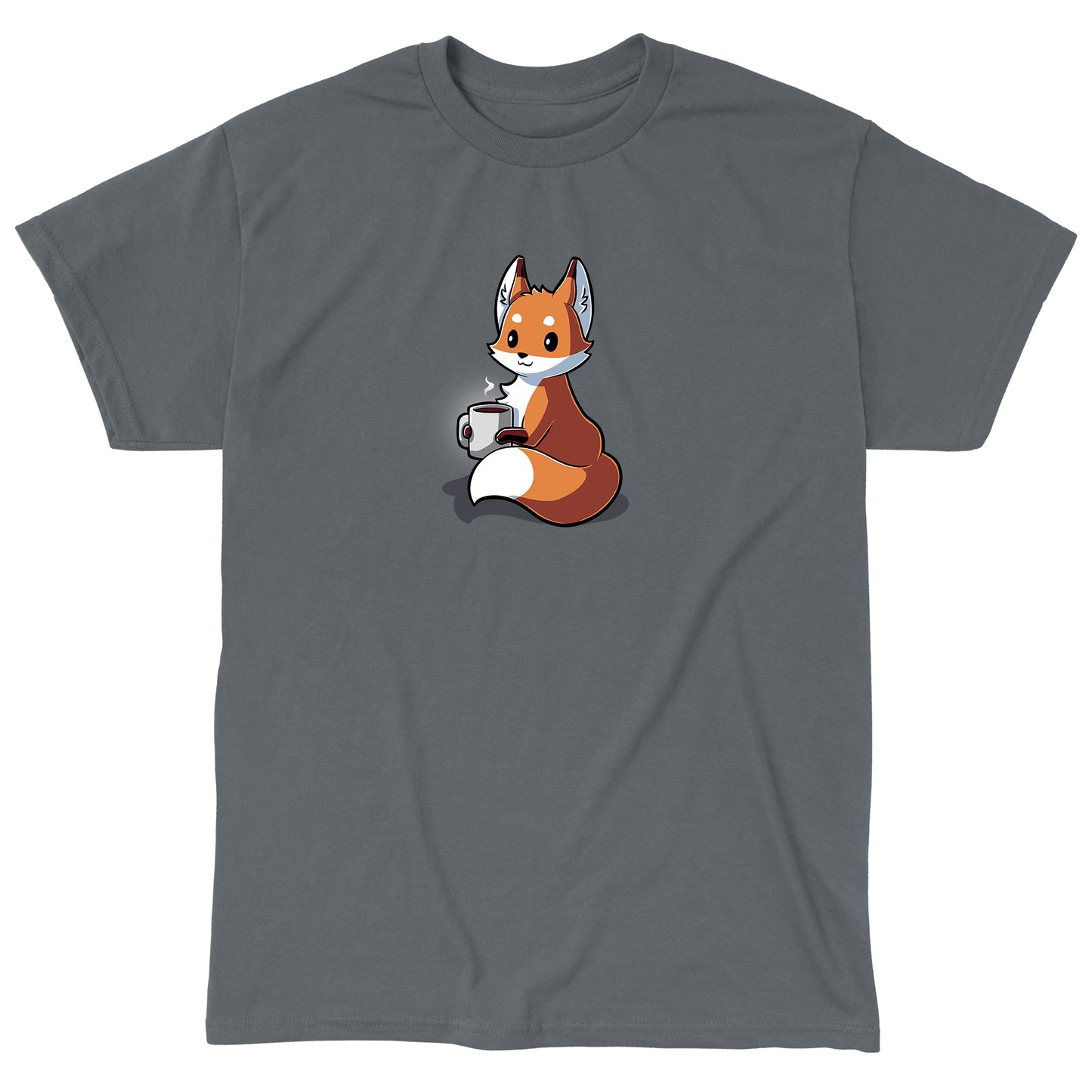 Classic Cotton T-shirt_TeeTurtle Coffee Fox charcoal gray t-shirt featuring a content fox holding a large mug of coffee.