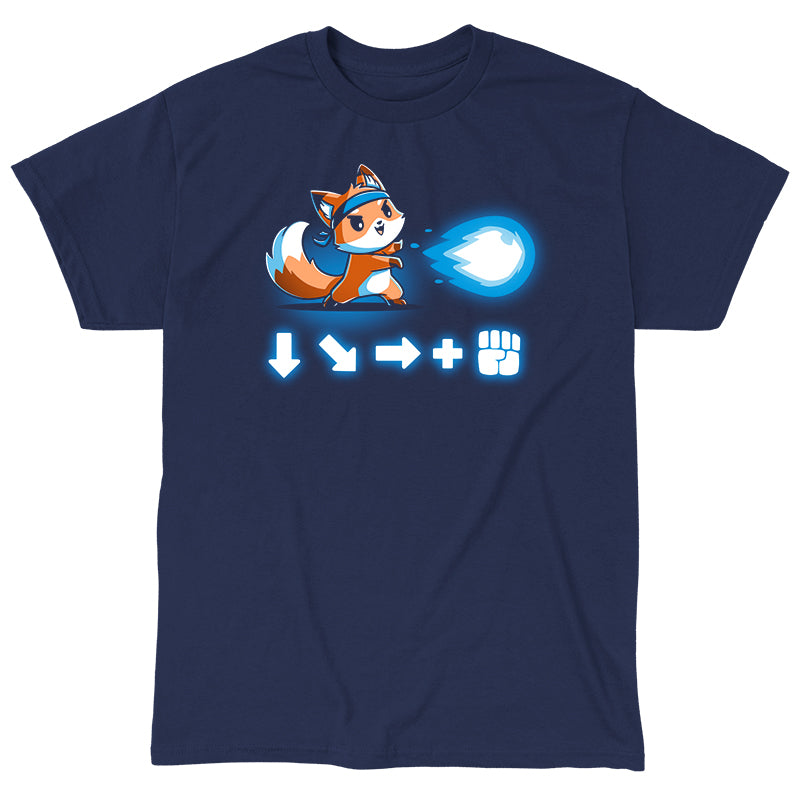 Classic Cotton T-shirt_Teeturtle Combo Attack navy blue t-shirt featuring a cute little fox wearing a headband firing off a Hadouken fireball with the game input command beneath.