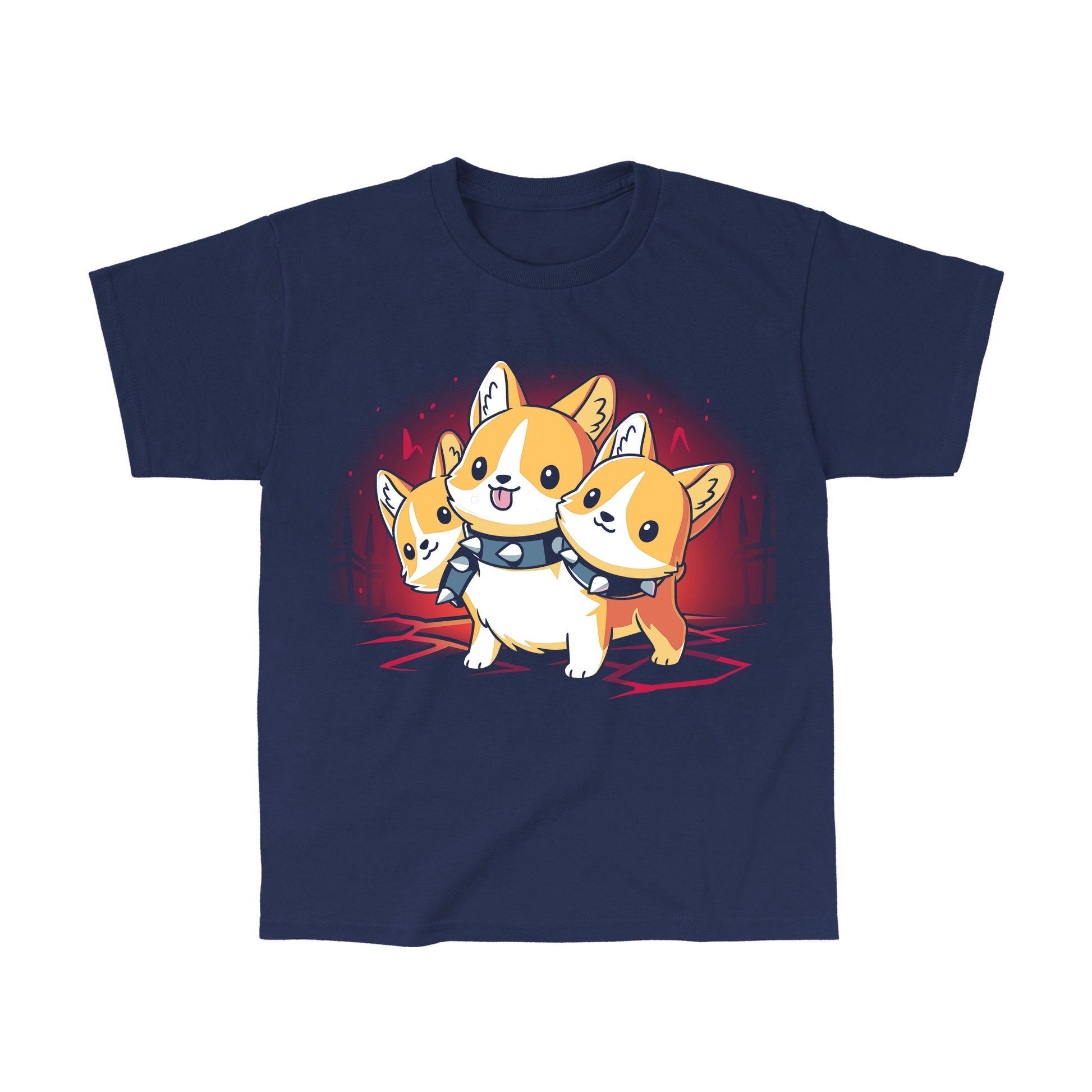 Classic Cotton T-shirt_TeeTurtle navy blue Corgi Cerberus. Featuring a corgi wearing a spiked collar with three heads.