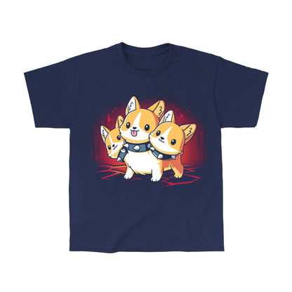 Classic Cotton T-shirt_TeeTurtle navy blue Corgi Cerberus. Featuring a corgi wearing a spiked collar with three heads.