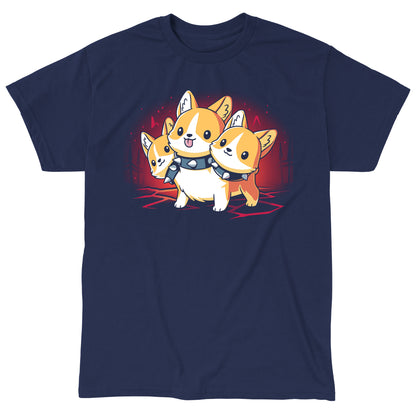 Classic Cotton T-shirt_TeeTurtle navy blue Corgi Cerberus. Featuring a corgi wearing a spiked collar with three heads.