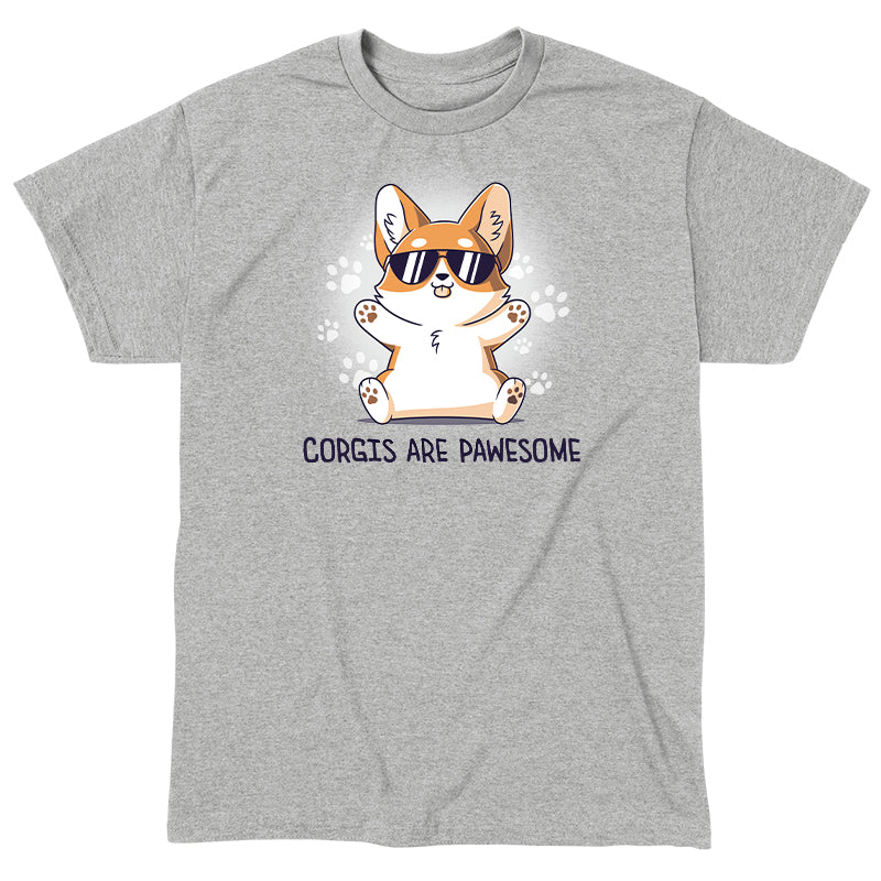 Classic Cotton T-shirt_TeeTurtle Corgis Are Pawsome Heather Gray t-shirt featuring an illustration of a corgi wearing sunglasses with its tongue out, sitting and smiling. The background has paw prints and the text "Corgis are PAWESOME" is written at the bottom. 