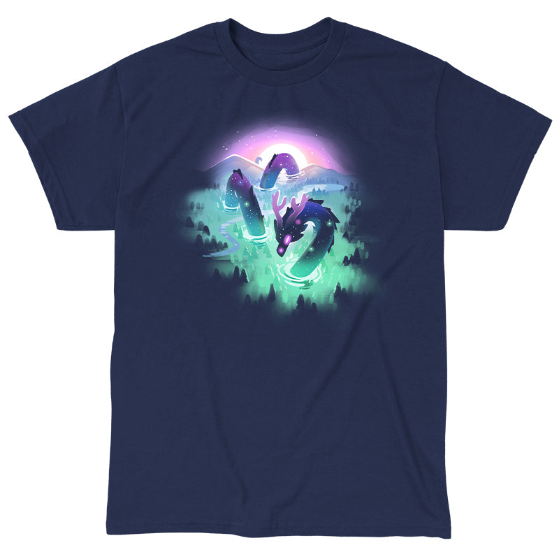 Classic Cotton T-shirt_TeeTurtle Cosmic Colors navy blue t-shirt featuring a mystical sea serpent in a dark ocean.
