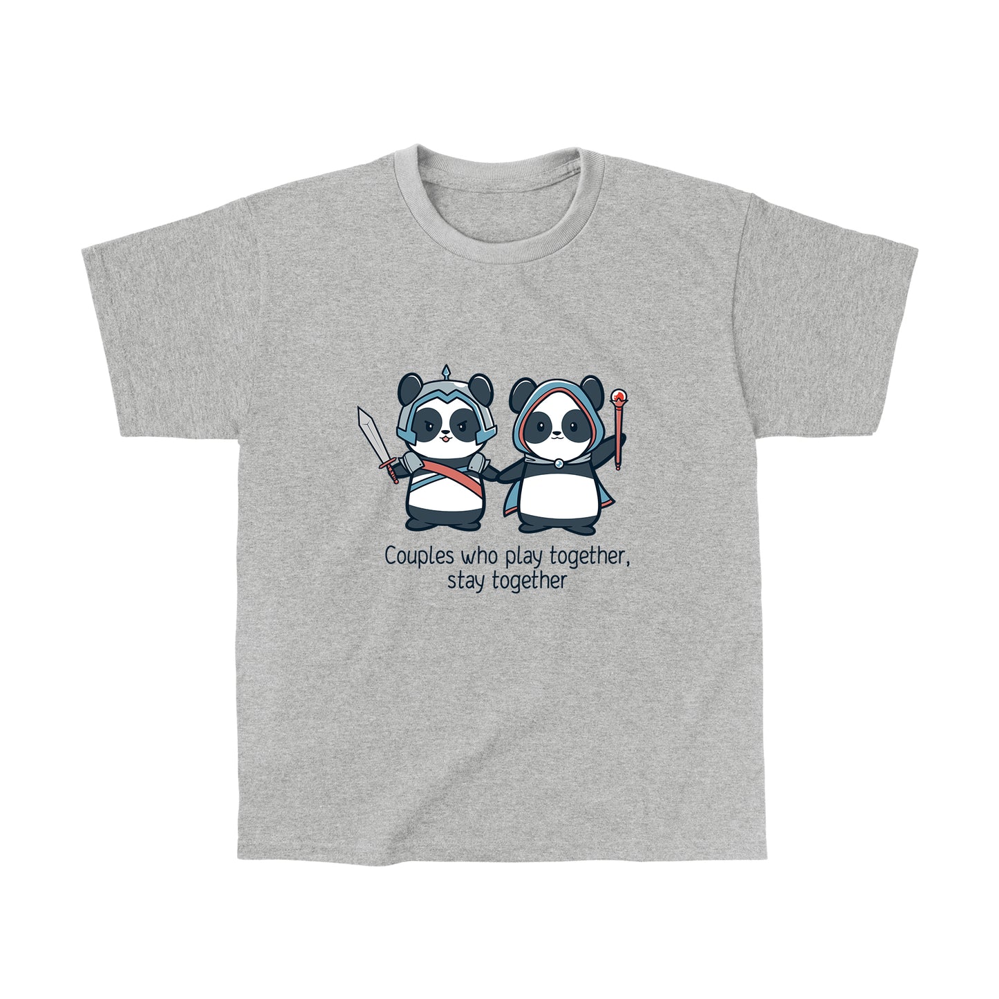 Classic Cotton T-shirt_TeeTurtle heather gray Couples Who Play Together Stay Together. Featuring a panda couple in fantasy outfits that stays together since they play together.