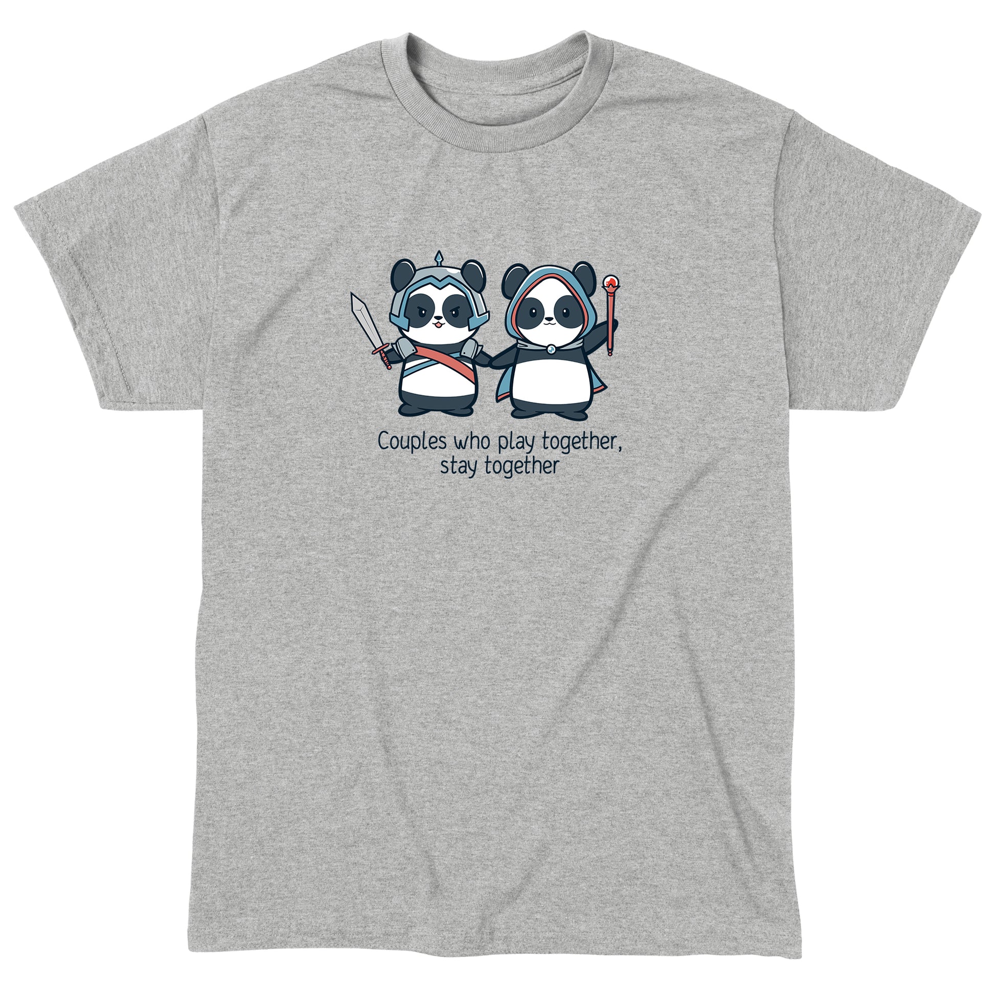 Classic Cotton T-shirt_TeeTurtle heather gray Couples Who Play Together Stay Together. Featuring a panda couple in fantasy outfits that stays together since they play together.