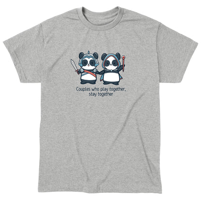 Classic Cotton T-shirt_TeeTurtle heather gray Couples Who Play Together Stay Together. Featuring a panda couple in fantasy outfits that stays together since they play together.