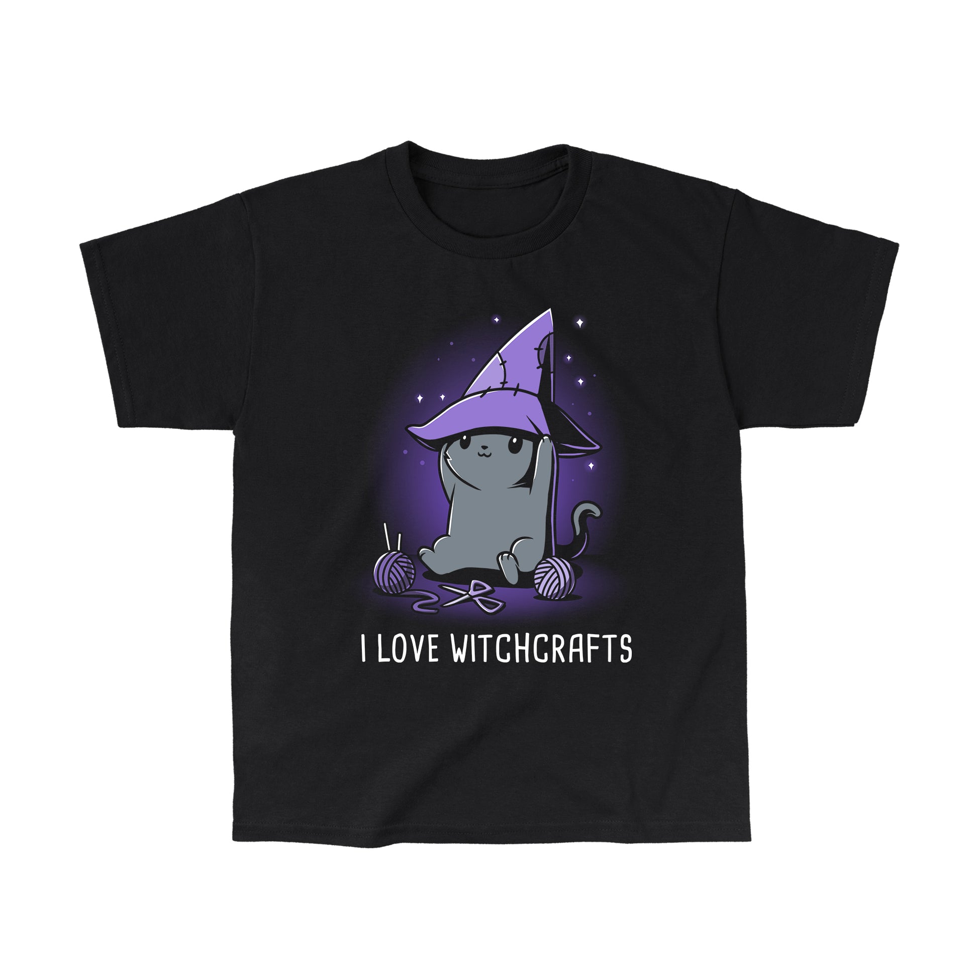 Classic Cotton T-shirt_TeeTurtle Crafty Kitty black t-shirt featuring a cheerful gray cat wearing a witches hat and crafting.