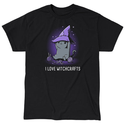 Classic Cotton T-shirt_TeeTurtle Crafty Kitty black t-shirt featuring a cheerful gray cat wearing a witches hat and crafting.