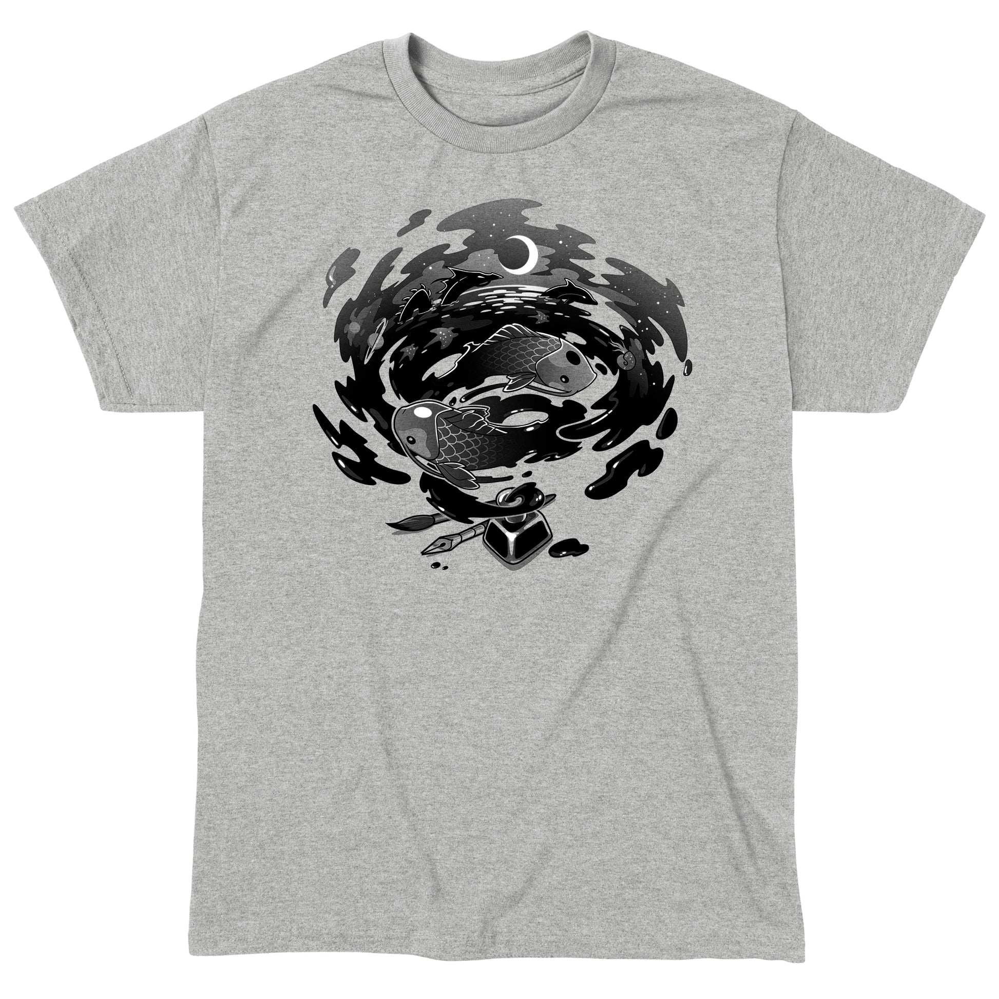 Classic Cotton T-shirt_TeeTurtle Creative Flow heather gray t-shirt featuring a swirling vortex of ink coming from an inkwell, with sea creatures and dragons swimming in it. 