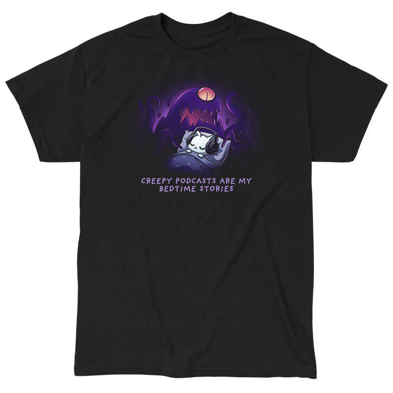 Classic Cotton T-shirt_TeeTurtle black Creepy Podcasts Are My Bedtime Stories apparel featuring a cat lying down in bed cozily wearing headphones with a giant purple monster looming over it and waving its tentacles.