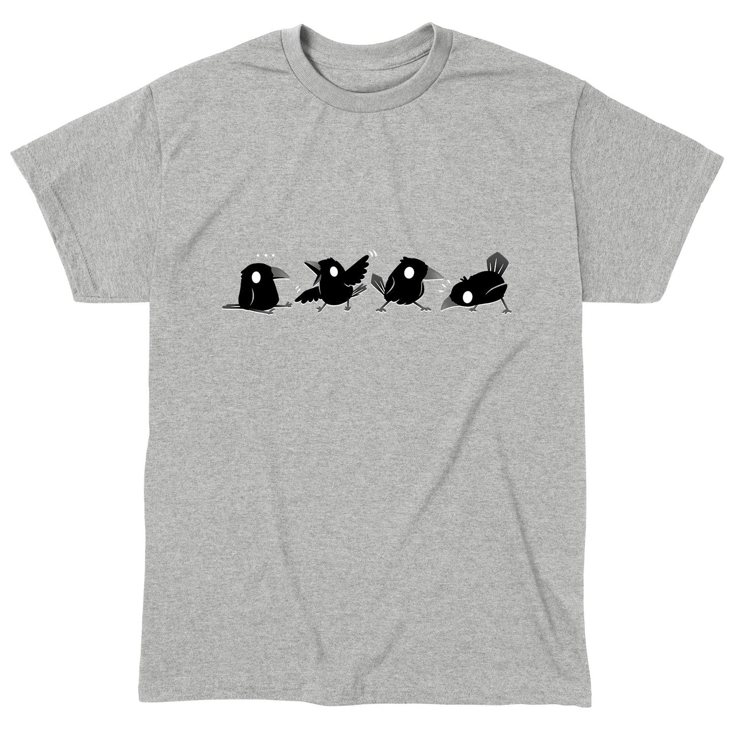 Classic Cotton T-shirt_TeeTurtle Crow Chatter heather gray t-shirt featuring four black crows with white eyes showing different playful poses. 