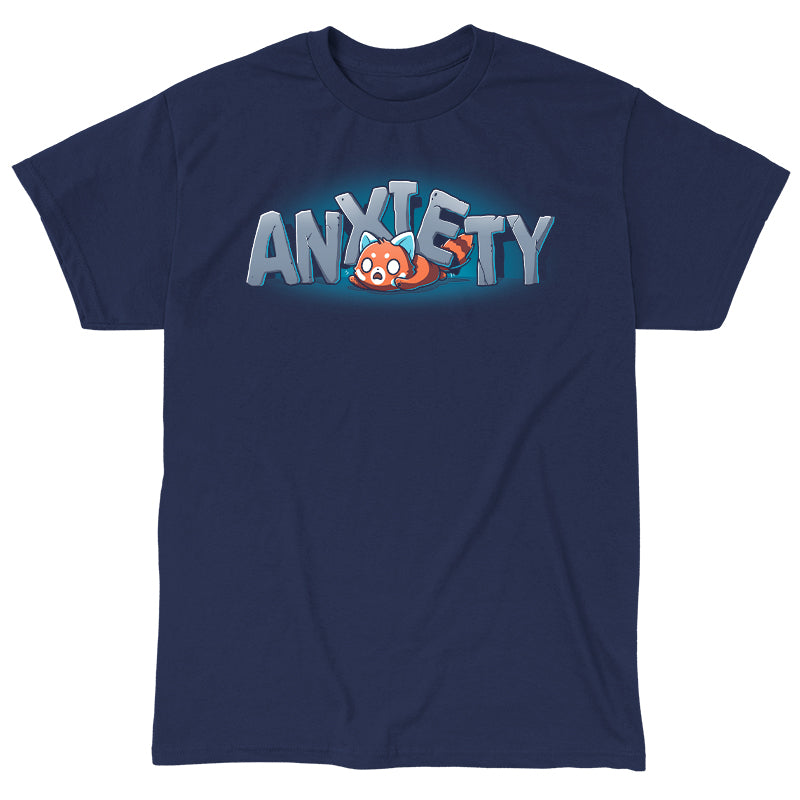 Classic Cotton T-shirt_TeeTurtle Crushing Anxiety navy blue t-shirt featuring an anxious red panda being squished under giant letters made of stone that spell "Anxiety" on top of his body. 