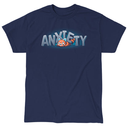 Classic Cotton T-shirt_TeeTurtle Crushing Anxiety navy blue t-shirt featuring an anxious red panda being squished under giant letters made of stone that spell "Anxiety" on top of his body. 