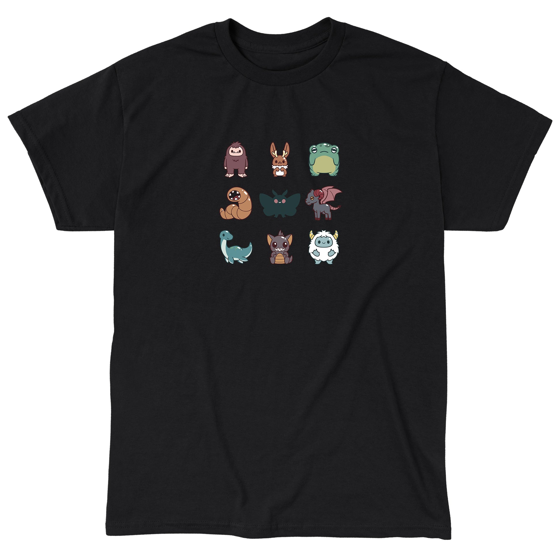 Classic Cotton T-shirt_TeeTurtle Cute Cryptids black t-shirt featuring a grid of cute cryptids, featuring a bigfoot, bunny, frog, worm, moth, winged goat, aquatic dinosaur, bat, and yeti.