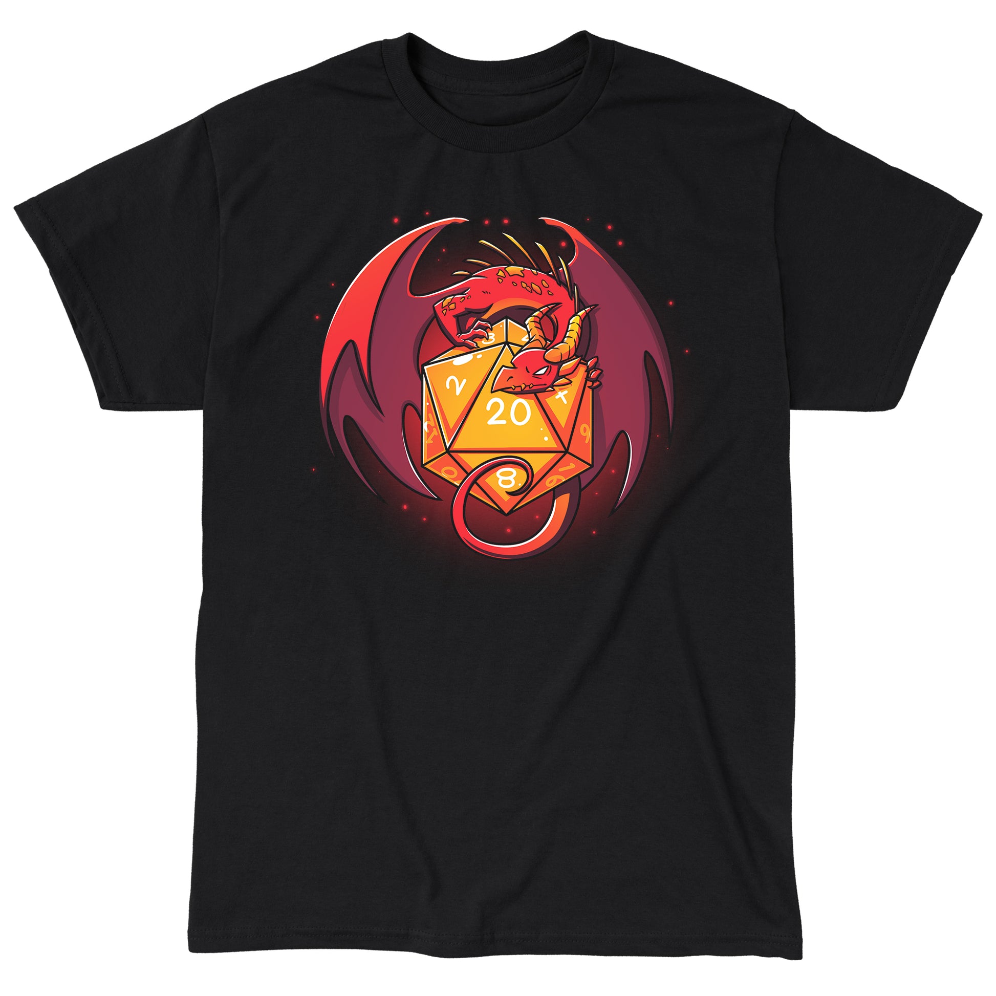 Classic Cotton T-shirt_TeeTurtle D20 Dragon black t-shirt featuring a red dragon curled around a yellow 20-sided die