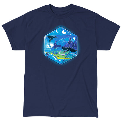 Classic Cotton T-shirt_Illustration of a fantasy world within a hexagonal frame, featuring flying dragons, a castle, mountains, a river, and both the sun and moon in the sky. Perfect for your monsterdigital D20 Landscape apparel collection in super soft ringspun cotton.