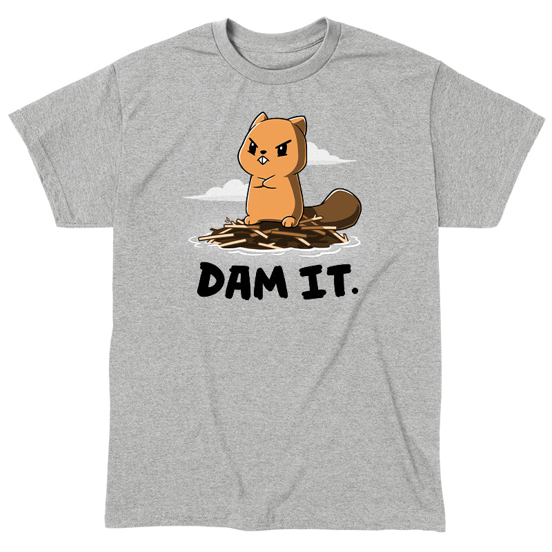 Classic Cotton T-shirt_TeeTurtle Dam It Heather Gray t-shirt featuring A cartoon beaver with an angry expression stands on a dam of sticks with the text "DAM IT." below. 