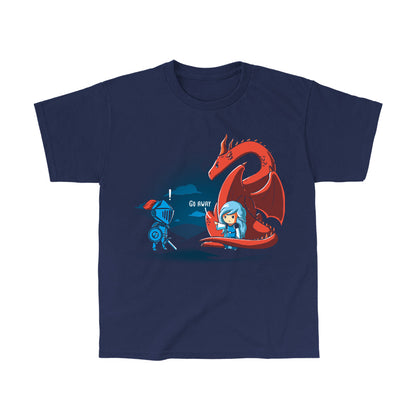 Classic Cotton T-shirt_TeeTurtle navy blue Damsel In Control. Featuring a damsel with a dragon telling a knight trying to rescue the damsel to go away.