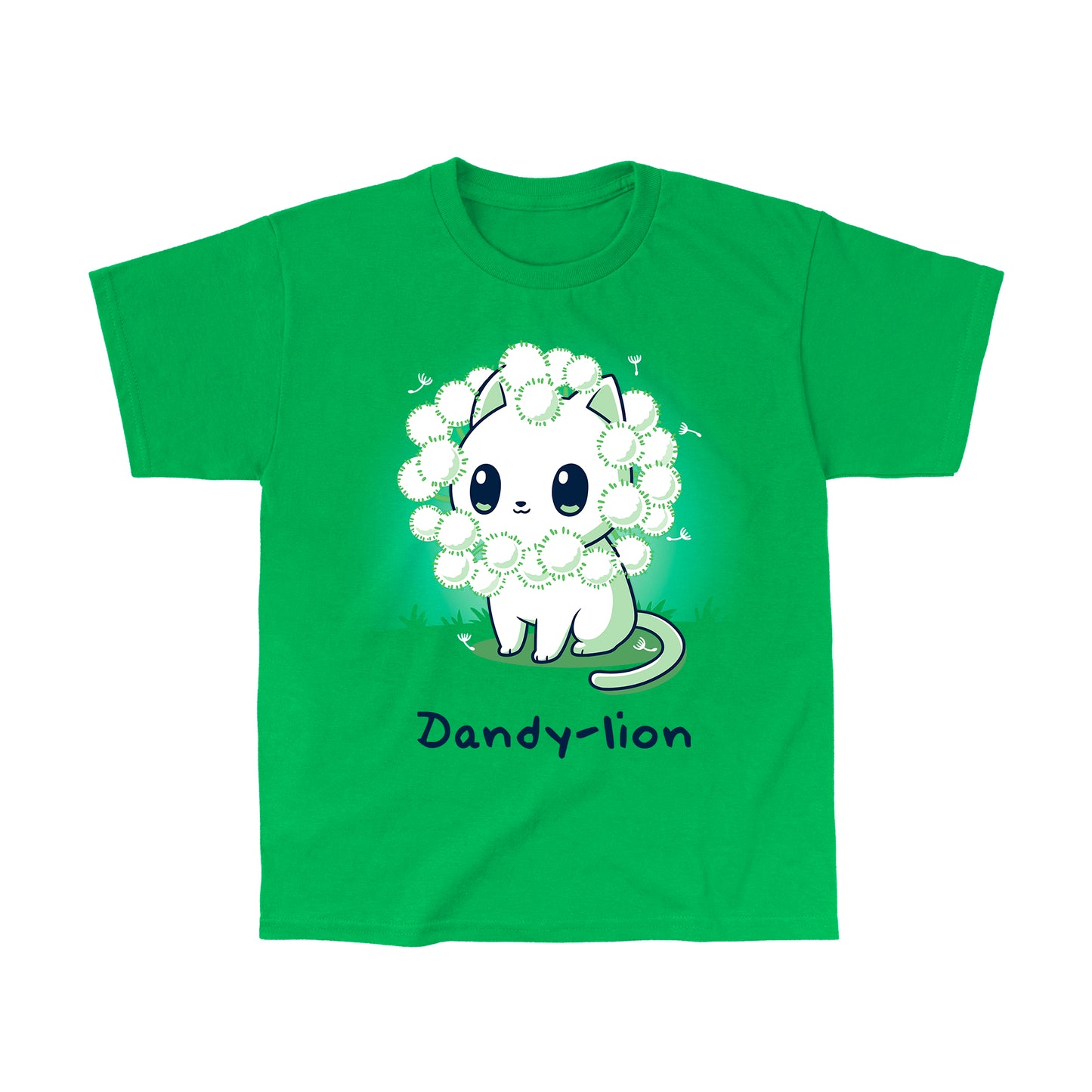 Classic Cotton T-shirt_TeeTurtle Dandy-lion irish green t-shirt featuring a white cat with a dandelion fluff mane and a pun underneath it.