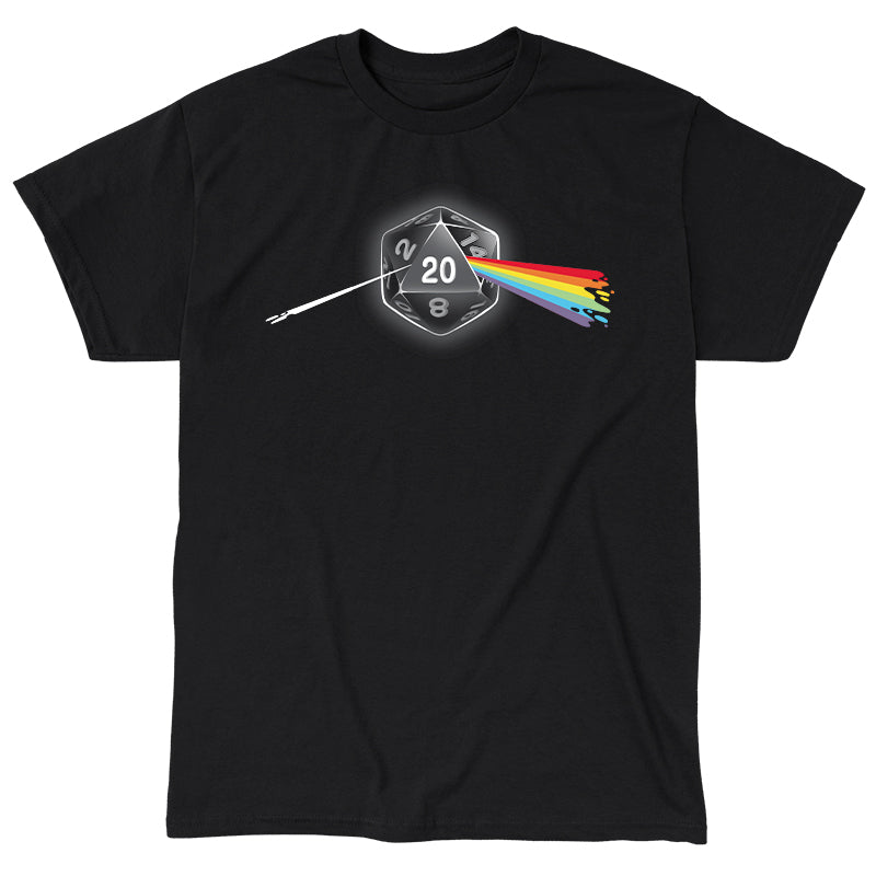 Classic Cotton T-shirt_TeeTurtle Dark Side of the D20 black t-shirt featuring a 20-sided die from a tabletop game with the number 20 facing forward, emitting a rainbow-colored beam that resembles a prism effect.