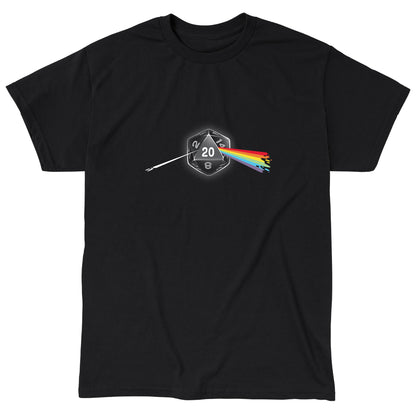 Classic Cotton T-shirt_TeeTurtle Dark Side of the D20 black t-shirt featuring a 20-sided die from a tabletop game with the number 20 facing forward, emitting a rainbow-colored beam that resembles a prism effect.