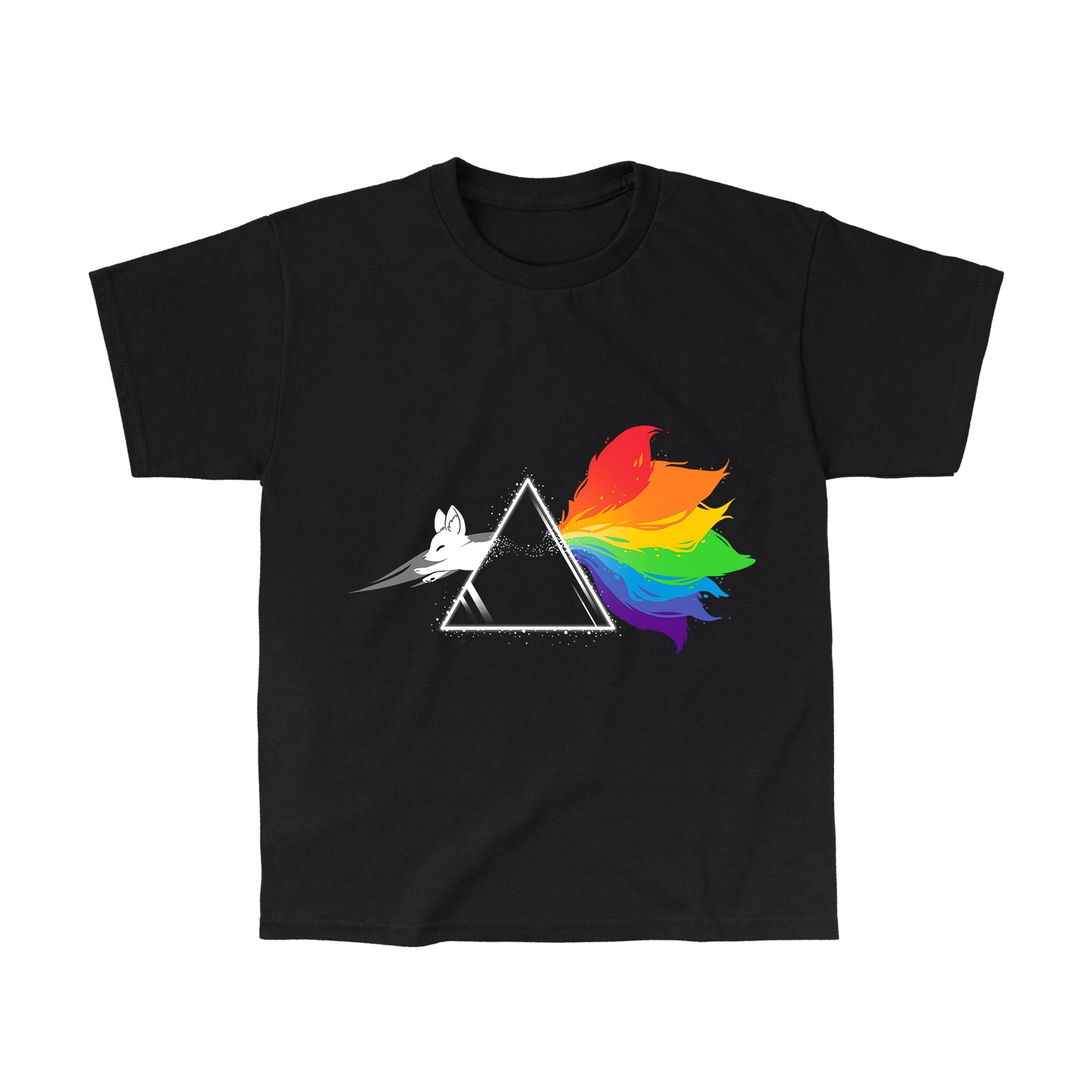 Classic Cotton T-shirt_TeeTurtle black Dark Side of the Kitsune. Featuring a white kitsune jumping through a triangular prism with a rainbow-colored tail.