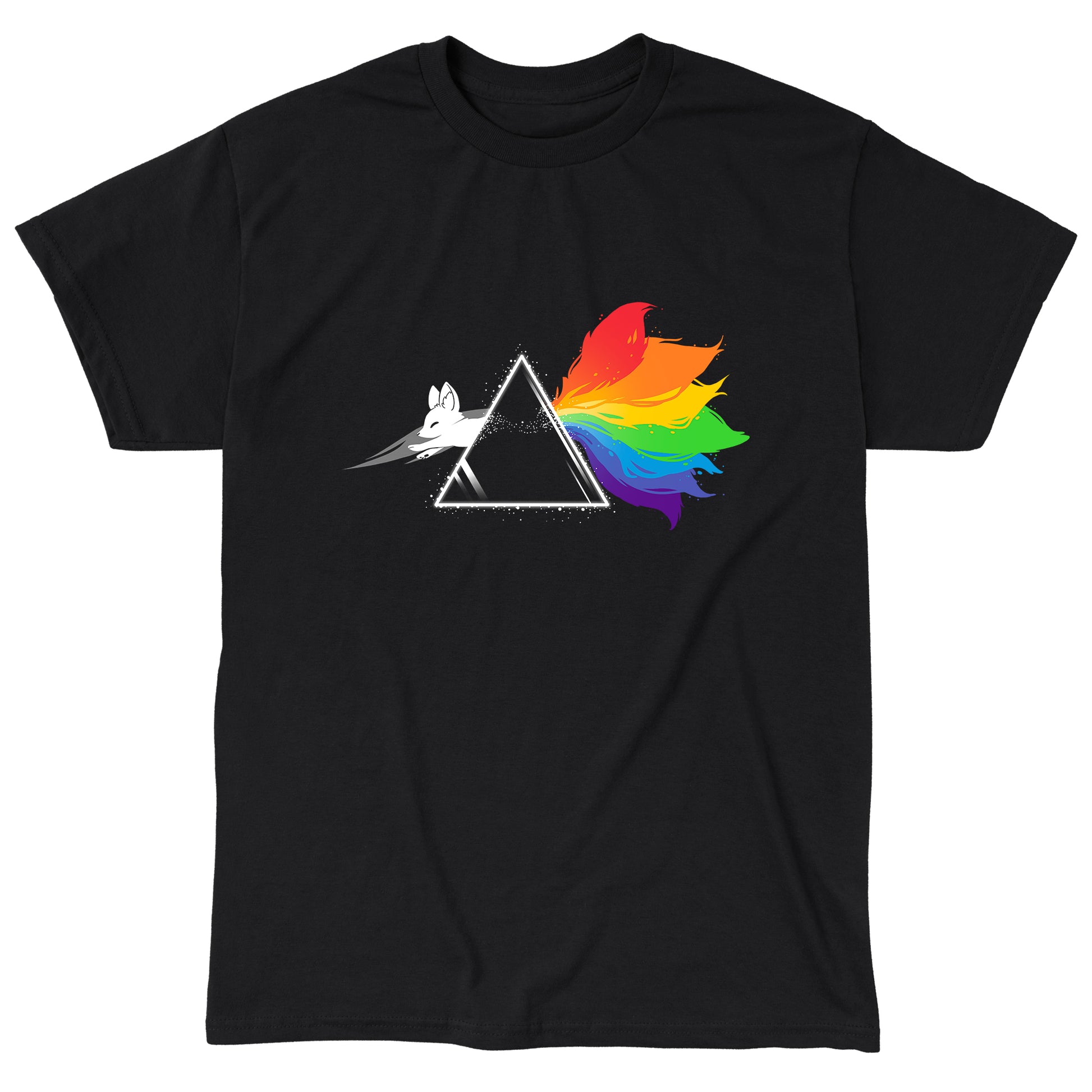 Classic Cotton T-shirt_TeeTurtle black Dark Side of the Kitsune. Featuring a white kitsune jumping through a triangular prism with a rainbow-colored tail.