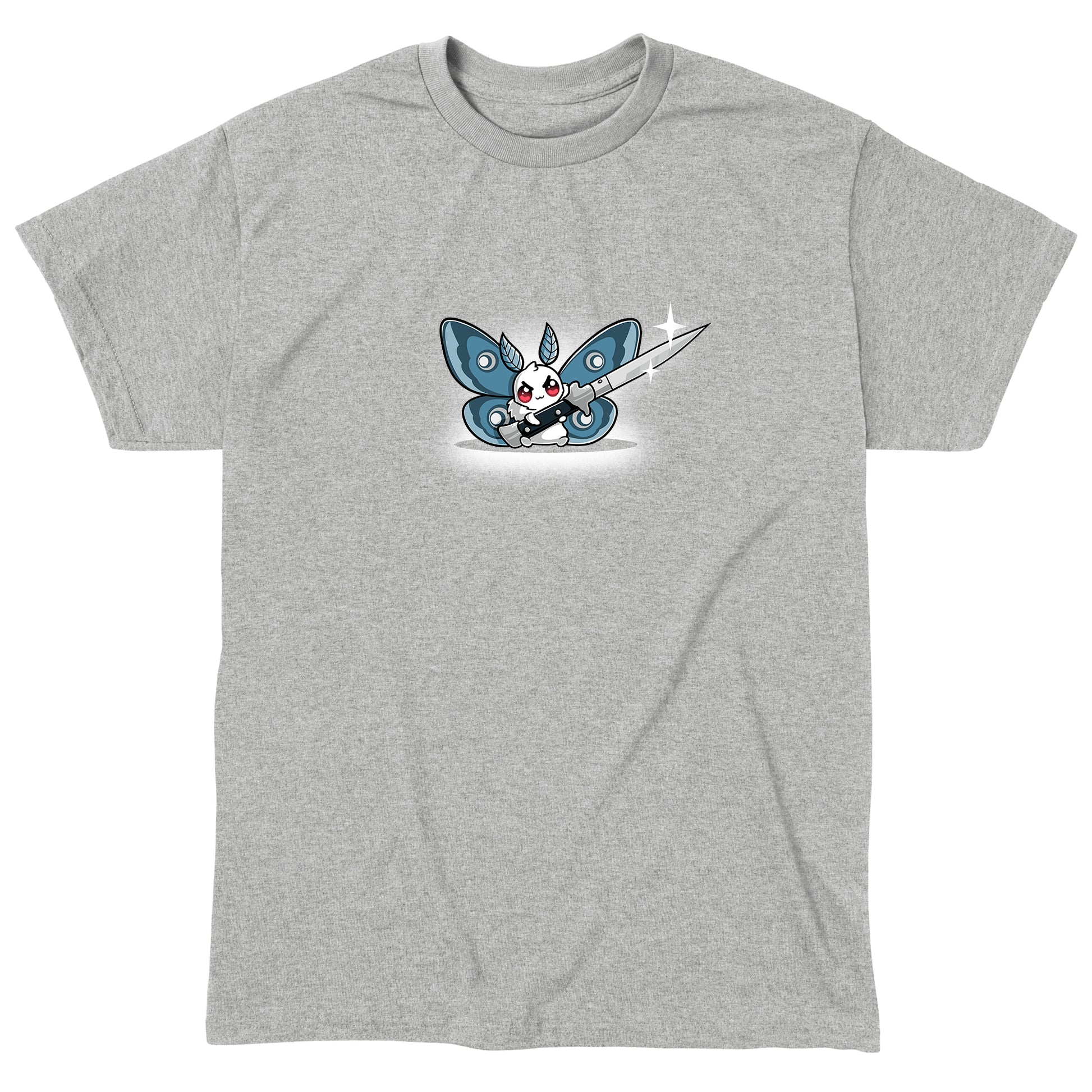 Classic Cotton T-shirt_TeeTurtle Deadly Moth heather gray t-shirt featuring a moth character with red eyes and blue wings holds a large shiny knife with a smile that hints at dark humor.