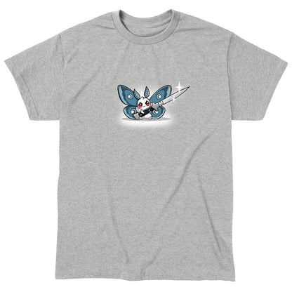 Classic Cotton T-shirt_TeeTurtle Deadly Moth heather gray t-shirt featuring a moth character with red eyes and blue wings holds a large shiny knife with a smile that hints at dark humor.