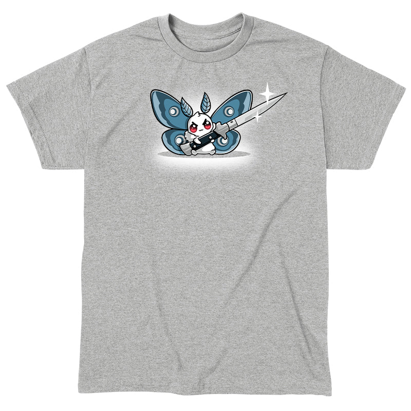 Classic Cotton T-shirt_TeeTurtle Deadly Moth silver gray t-shirt featuring a moth character with red eyes and blue wings holds a large shiny knife with a smile that hints at dark humor.