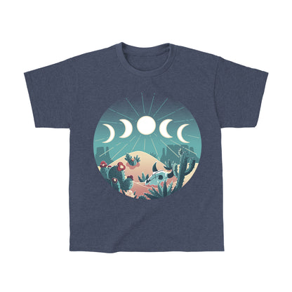 Classic Cotton T-shirt_TeeTurtle Desert Moons heather navy t-shirt featuring a desert scene with different moon phases and cactus.