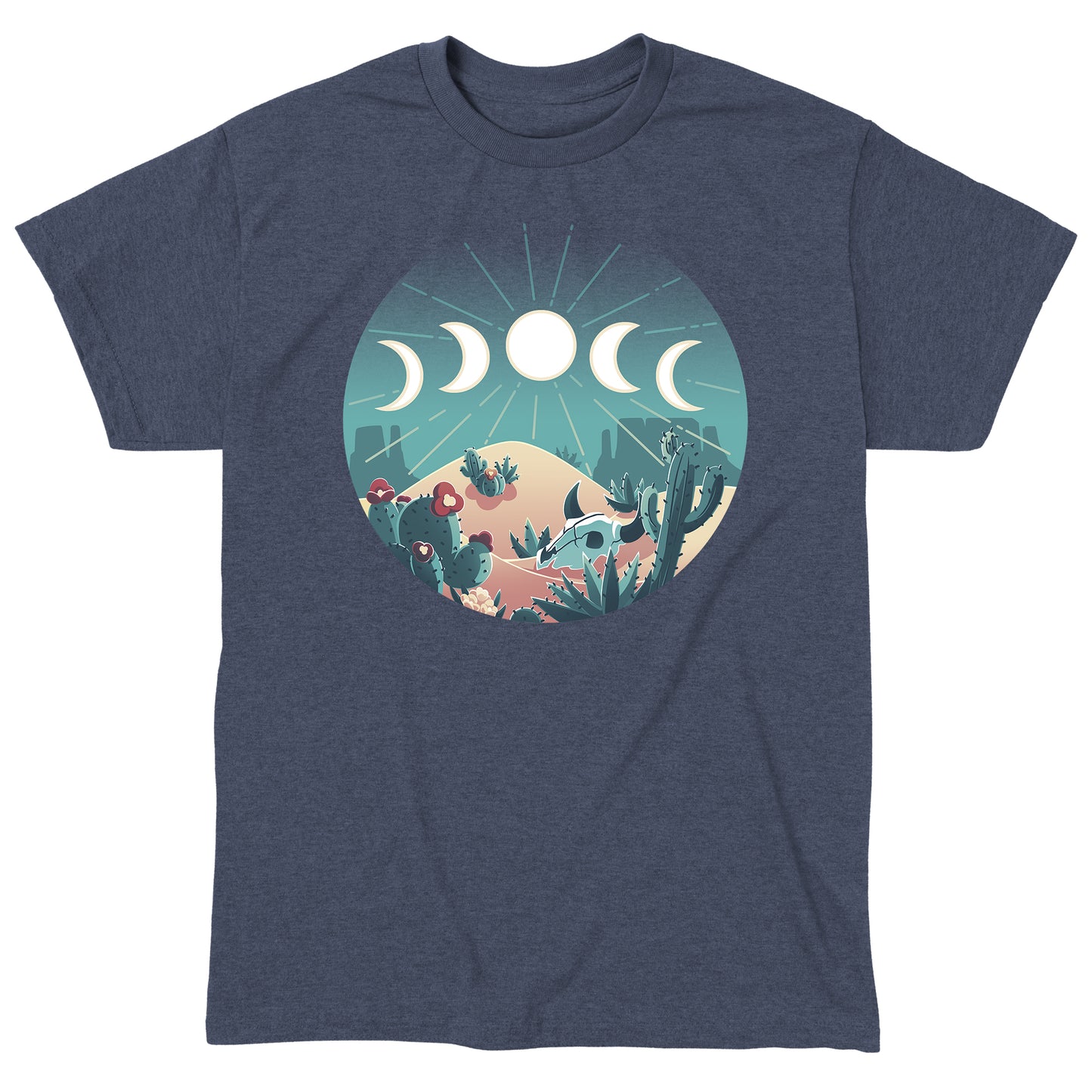 Classic Cotton T-shirt_TeeTurtle Desert Moons heather navy t-shirt featuring a desert scene with different moon phases and cactus.