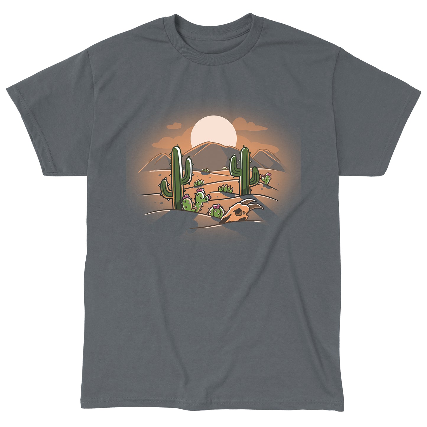 Classic Cotton T-shirt_TeeTurtle  Desert at Dusk charcoal gray t-shirt featuring a cartoon desert scene with cacti, a cow skull, and distant mountains under a stunning desert sunset. 