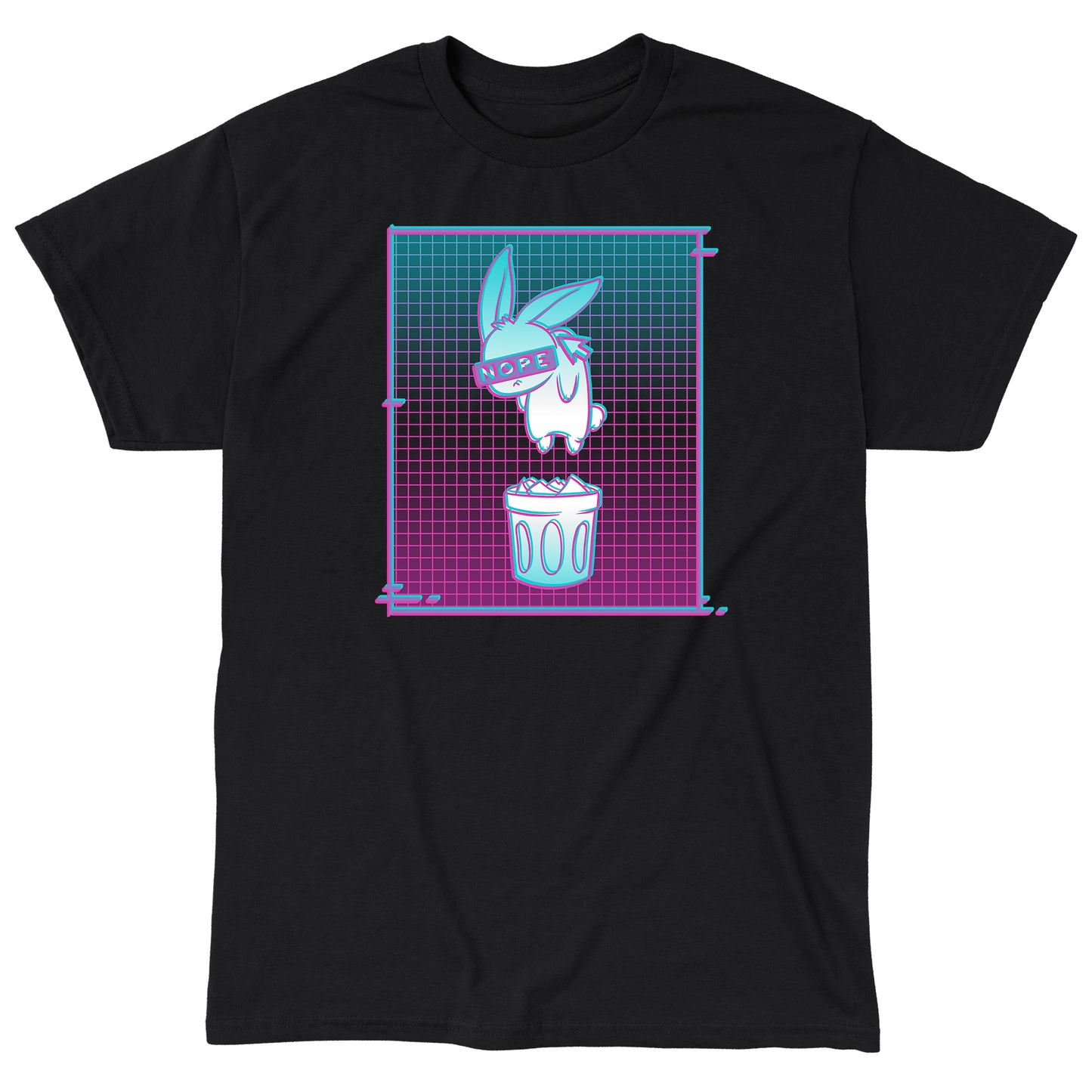 Classic Cotton T-shirt_TeeTurtle Digital Trash Bunny black t-shirt featuring an illustration of a blindfolded rabbit with "NOPE" on the blindfold, floating above a trash can. The background consists of a gradient grid pattern in teal, blue, and pink. 