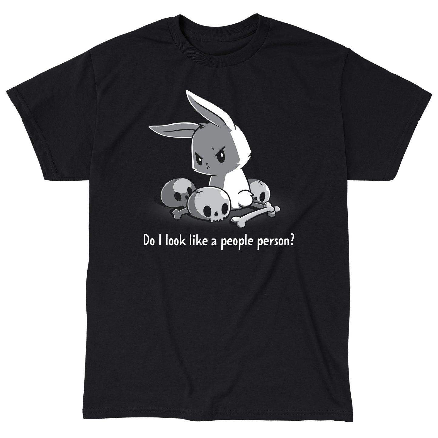 Classic Cotton T-shirt_TeeTurtle Do I Look Like a People Person black t-shirt featuring a bunny with an angry expression sitting among skulls and bones. The text reads "Do I Look Like a People Person?"