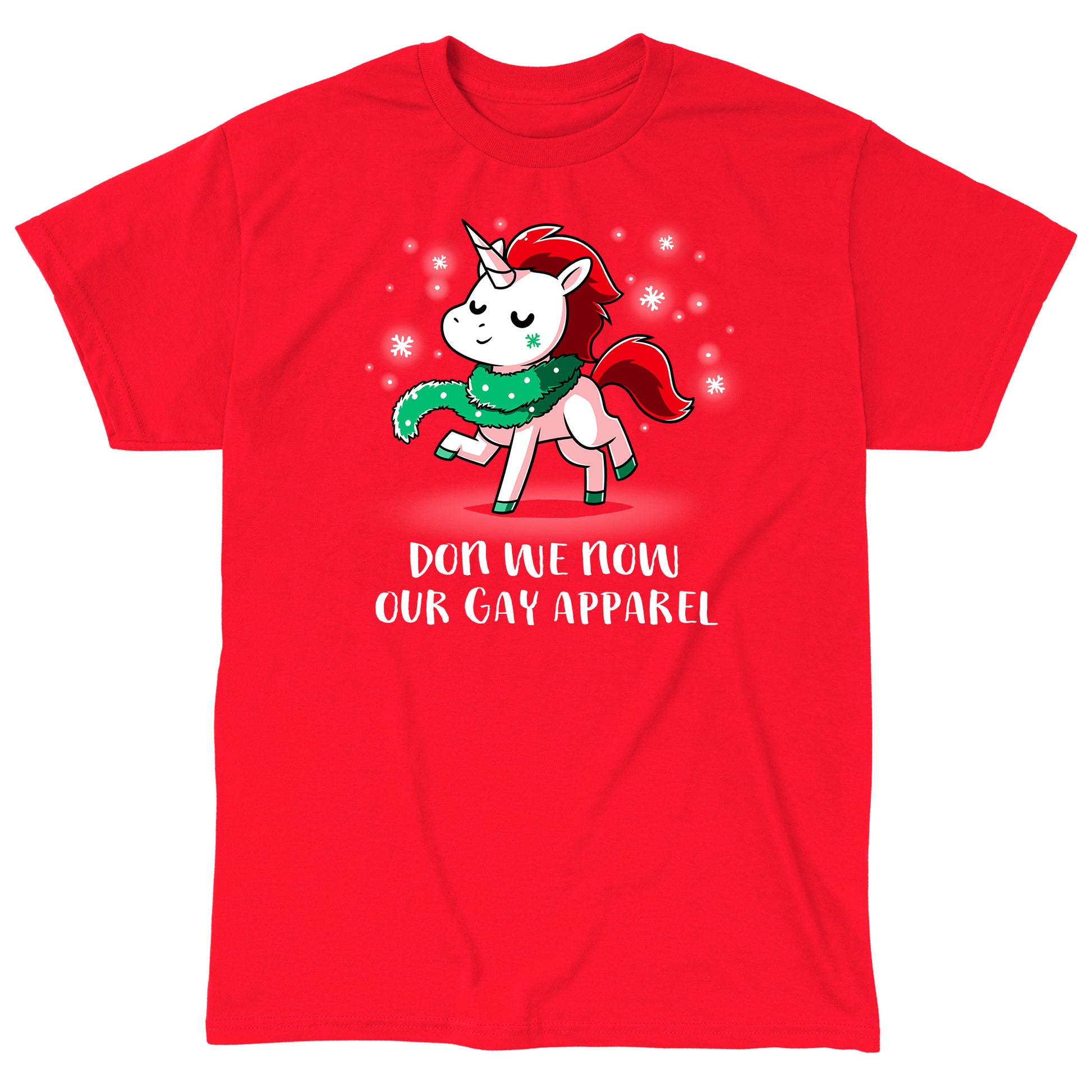 Classic Cotton T-shirt_TeeTurtle Don We Now Our Gay Apparel red t-shirt featuring a fabulous unicorn wearing Christmas garland as a scarf.
