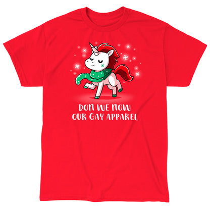 Classic Cotton T-shirt_TeeTurtle Don We Now Our Gay Apparel red t-shirt featuring a fabulous unicorn wearing Christmas garland as a scarf.
