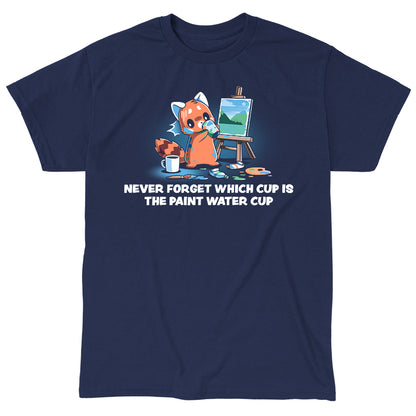 Classic Cotton T-shirt_TeeTurtle Don’t Drink the Paint Water navy blue t-shirt featuring a red panda that’s painting a picture and taking a sip of paint water and looking at the mug of coffee on the floor.