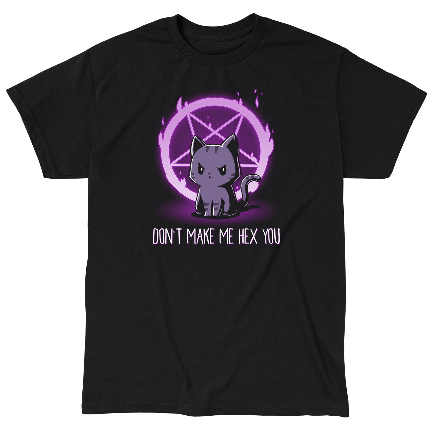 Classic Cotton T-shirt_TeeTurtle Don't Make Me Hex You black t-shirt featuring a cat in front of a purple flaming pentagram.