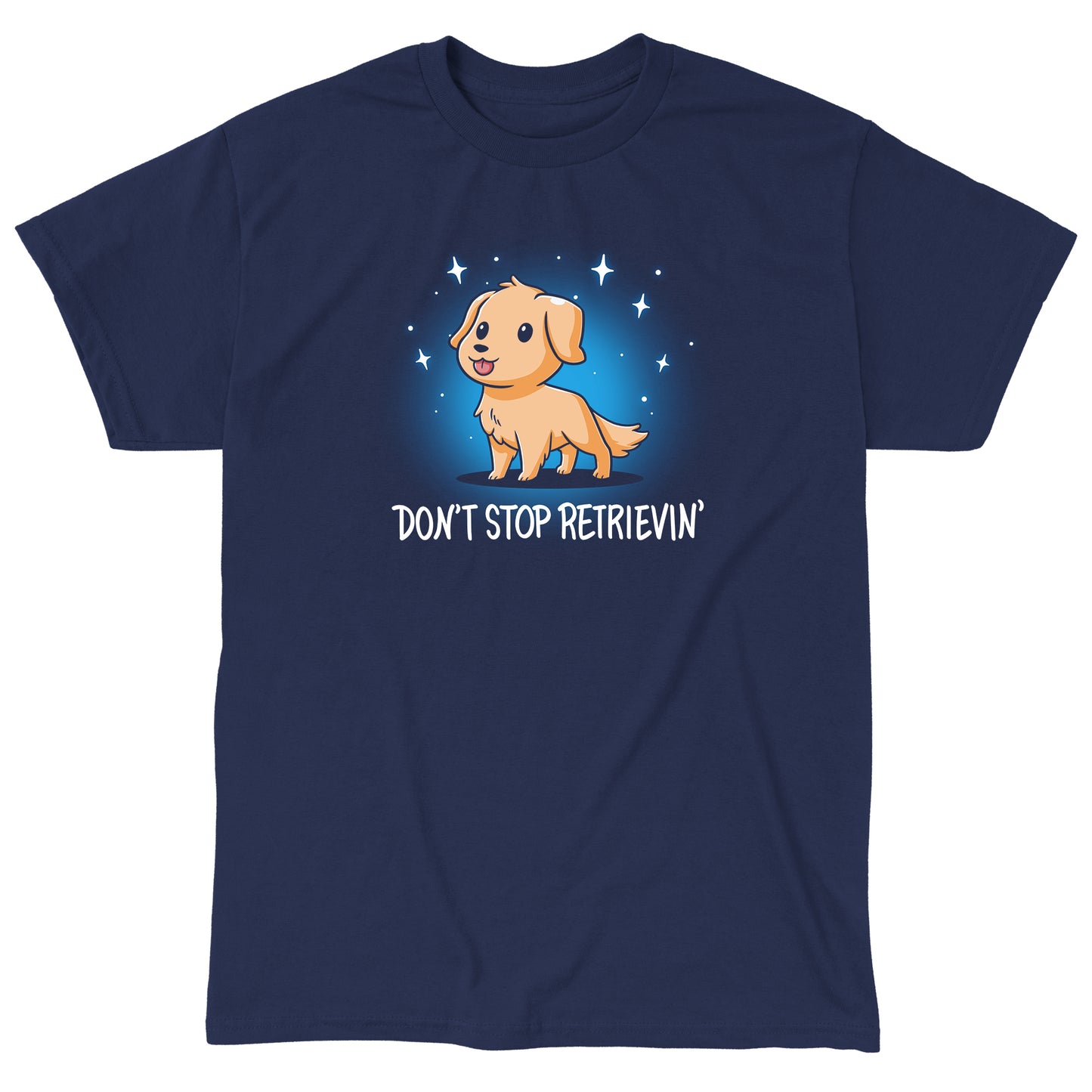 Classic Cotton T-shirt_Teeturtle Don't Stop Retrievin' Navy Blue Featuring an adorable cartoon golden retriever with their tongue sticking out surrounded by sparkles with 'Don't stop retrievin' written beneath.