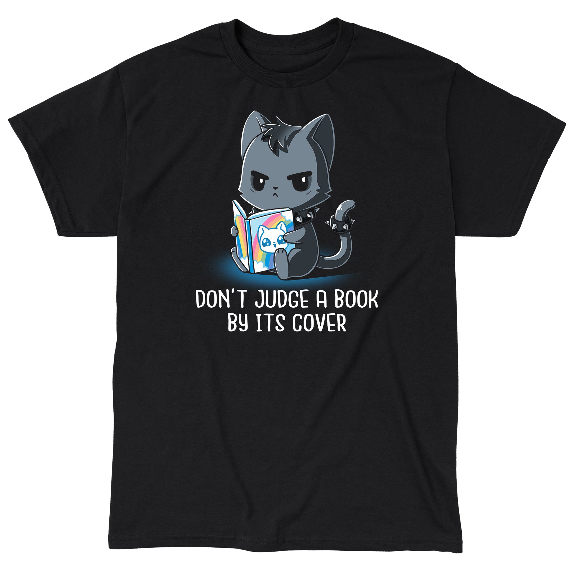 Classic Cotton T-shirt_TeeTurtle Don't Judge a Book By It's Cover black t-shirt featuring seemingly grumpy, goth-looking cat wearing a spiked collar and spiked ring on its tail reading a bright, happy-looking rainbow-covered book above the text 'Don't Judge A Book By Its Cover.'