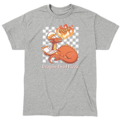 Classic Cotton T-shirt_TeeTurtle Dragon-Fired Pizza heather gray t-shirt featuring a dragon wearing a chef's hat, breathing extra hot fire onto a pizza while holding an open pizza box. Text at the bottom reads "Dragon-Fired Pizza."